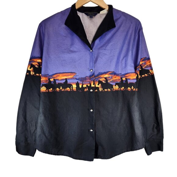 Vintage Roper Western Button Down Sunset Cowboy Ranch Horses Purple Southwest M - Picture 1 of 6